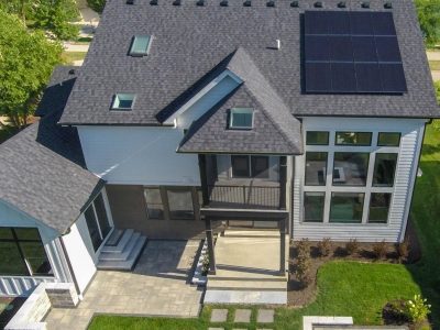Birds Eye View Back Elevation with installed solar array - DJK Parker IV Eco-Smart Zero Energy Ready Model Home in Plainfield, IL